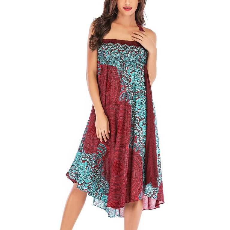 Swsmclt Women's Fall Gypsy Casual Beach Ruffle Yoga Summer Dress High Waist Dresses Spring Belted Handkerchief Skirt Style3 Small-X-Large