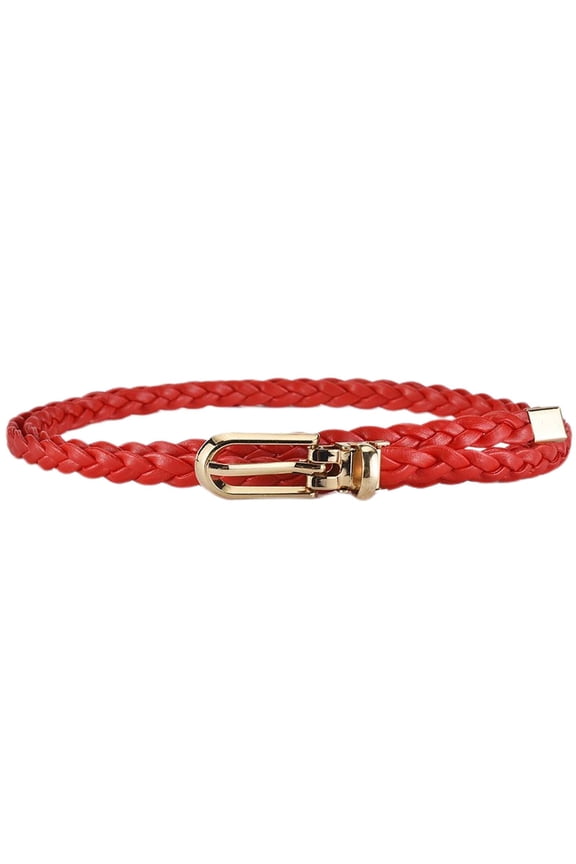 Women's Fashion Belt Buckle Holeless Cute Faux Leather Braided Belt Metal D Ring Summer Skinny Tie Belt Red Small-X-Large