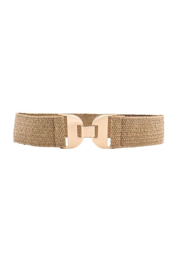 Women's Fashion Belt Stretch Raffia Belt For Dress Braided Belt Metal Holeless Buckle Casual Spring Khaki X-Small-Large