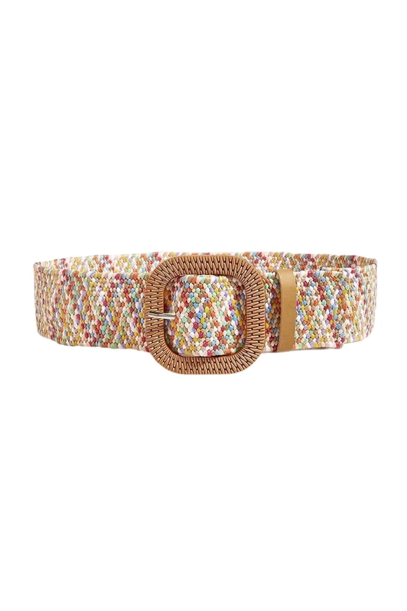 Women's Fashion Braided Belt Raffia Rattan Boho Thick Square Casual Straw Round Weave Web Spring Summer Woven Travel Fabric Belt Multicolored Small-Medium