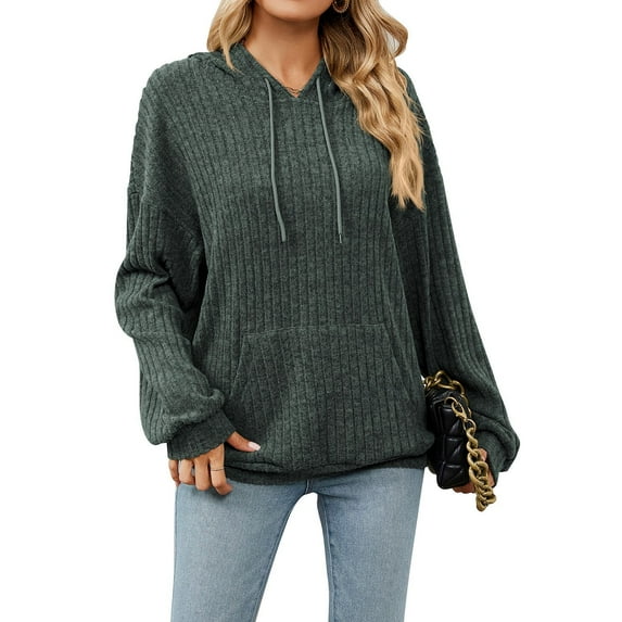 SWSMCLT Women's Fashion HoodieLong Sleeve Loose Thermal Casual Fall Batwing Sleeve Knit Drawstring Sweatshirt Soft Top Blouse Dark Green Small