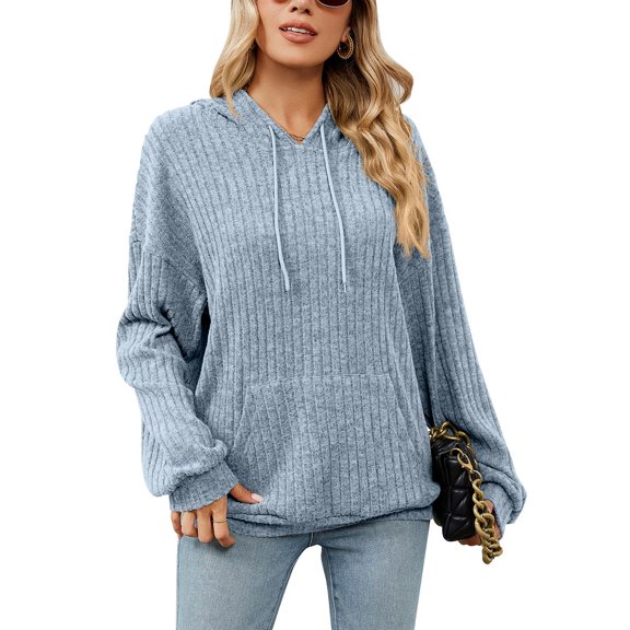 SWSMCLT Women's Fashion HoodieLong Sleeve Loose Thermal Casual Fall Batwing Sleeve Knit Drawstring Sweatshirt Soft Top Blouse Light Blue Large