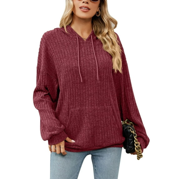SWSMCLT Women's Fashion HoodieLong Sleeve Loose Thermal Casual Fall Batwing Sleeve Knit Drawstring Sweatshirt Soft Top Blouse Red Small