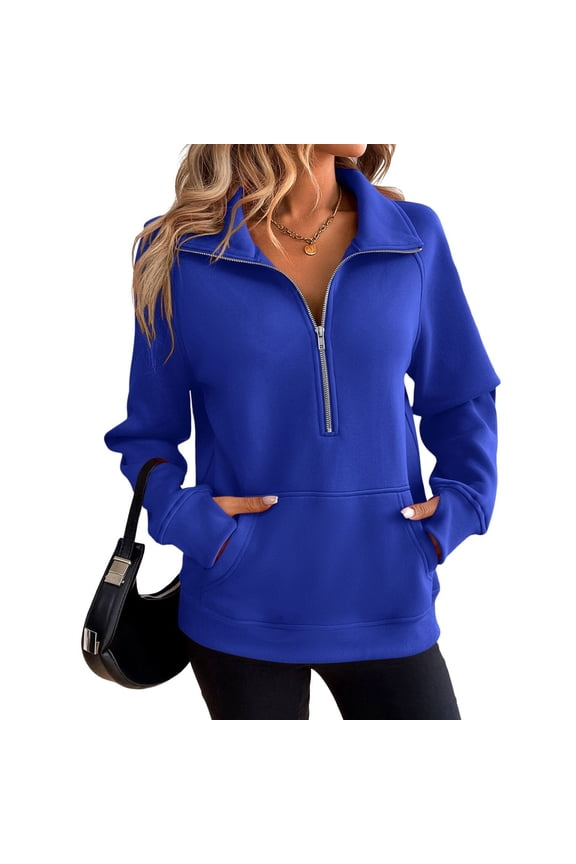Women's Fashion Sweatshirt Pullover Fall Regular Fit Long Sleeve Lapel Sweatshirt Half Zip Kangaroo Pocket Royal Blue XX-Large