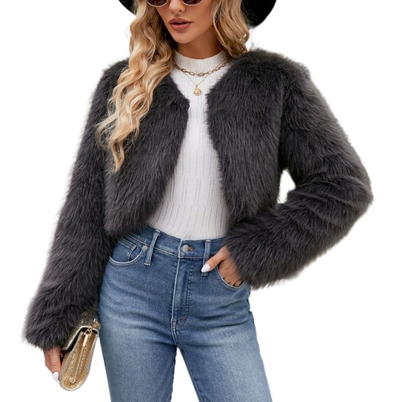 SWSMCLT Women's Faux Fur Jacket Fashion Fuzzy Fall V Neck Casual Crop Luxury Winter Long Sleeve Thermal Outerwear Dark Grey Small