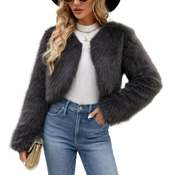 SWSMCLT Women's Faux Fur Jacket Fashion Fuzzy Fall V Neck Casual Crop Luxury Winter Long Sleeve Thermal Outerwear Dark Grey Small