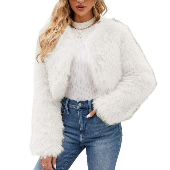 SWSMCLT Women's Faux Fur Jacket Fashion Fuzzy Fall V Neck Casual Crop Luxury Winter Long Sleeve Thermal Outerwear White Small