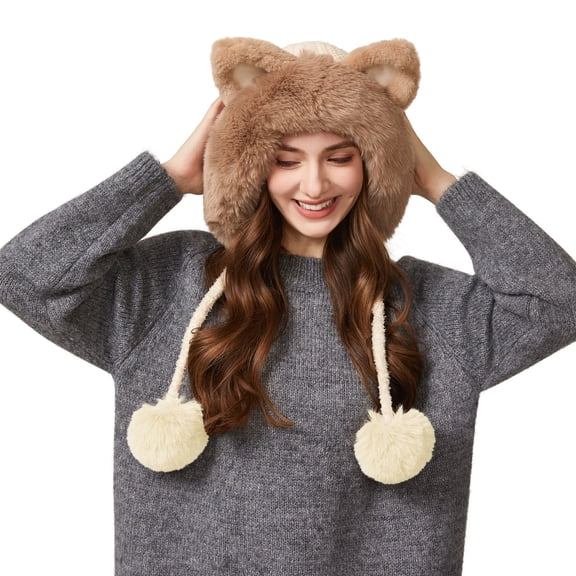 SWSMCLT Women's Faux Fur Skull Caps Knit Ear Beanie Cat Snow Winter Pull On Crochet Date Night Hats With Ear Flaps Beige One Size