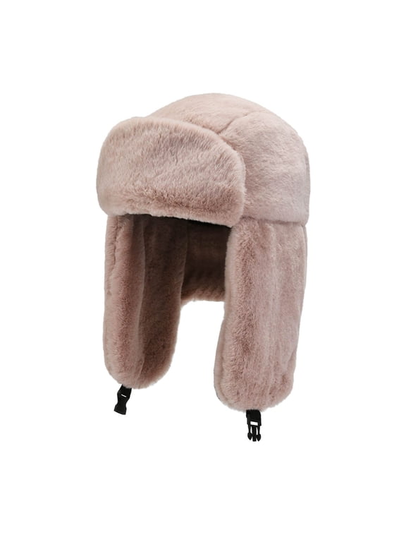 Women's Faux Fur Winter Trapper Hat Snow Camping Sports Bomber Hat Ski Trapper Trooper Pilot Hat with Ear Flaps Pink One Size