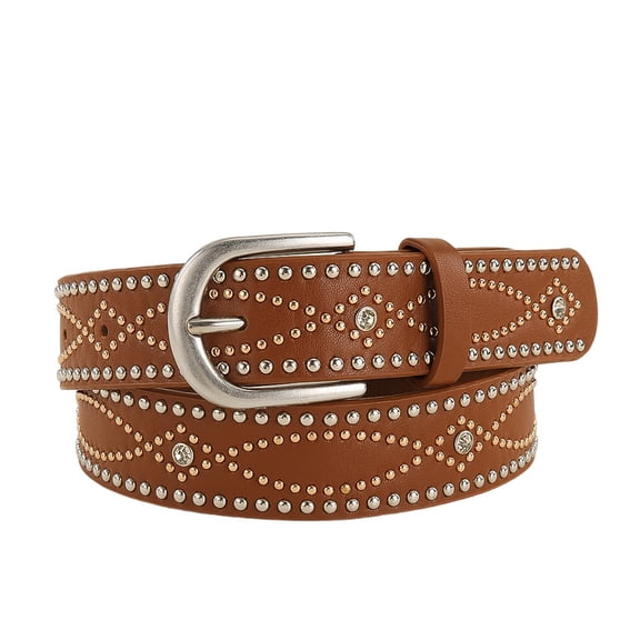 SWSMCLT Women's Faux Leather Adjustable Belts Fashion Studded Belt Metal Buckle Travel Medium Beaded Summer Umber X-Small-Large