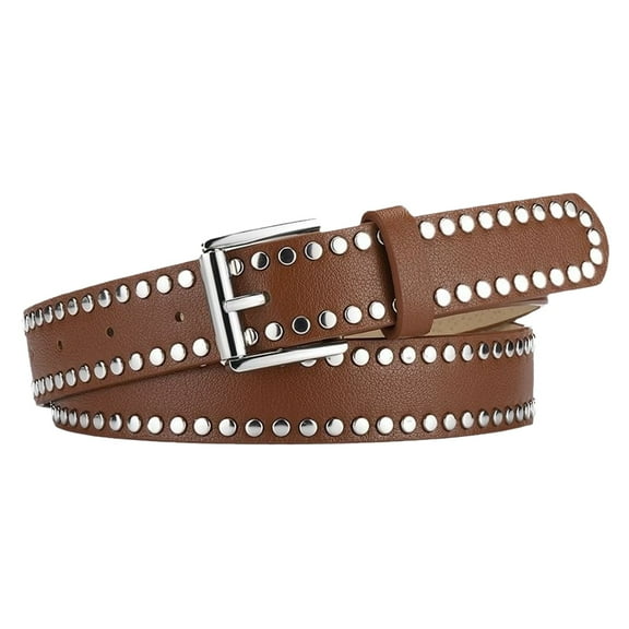 SWSMCLT Women's Faux Leather Belt Fashion Metal Casual Spring Studded Medium Buckle Metal Buckle Streetwear Coffee Small-Large