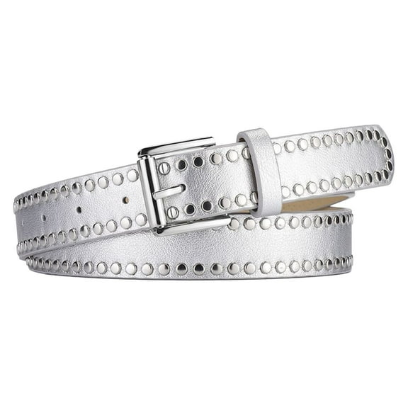 SWSMCLT Women's Faux Leather Belt Fashion Metal Casual Spring Studded Medium Buckle Metal Buckle Streetwear Silver Small-Large