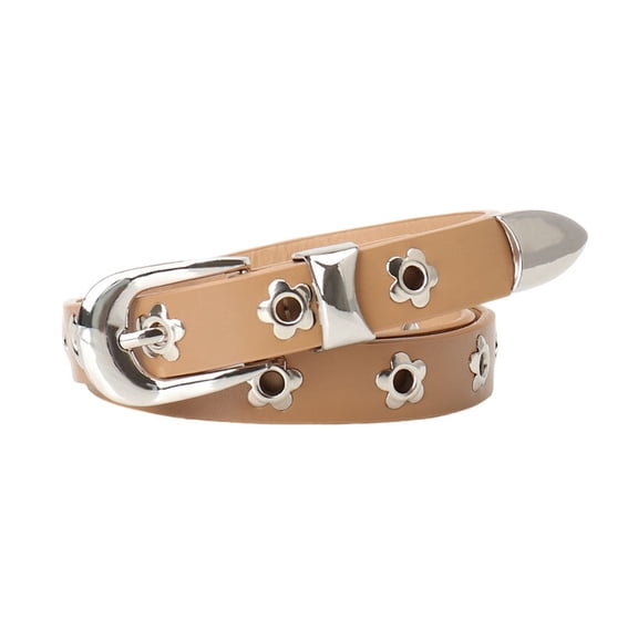 SWSMCLT Women's Faux Leather Belt Metal Adjustable Belts Skinny Buckle D Ring Grommet Cute Summer Steampunk Khaki X-Small-Large