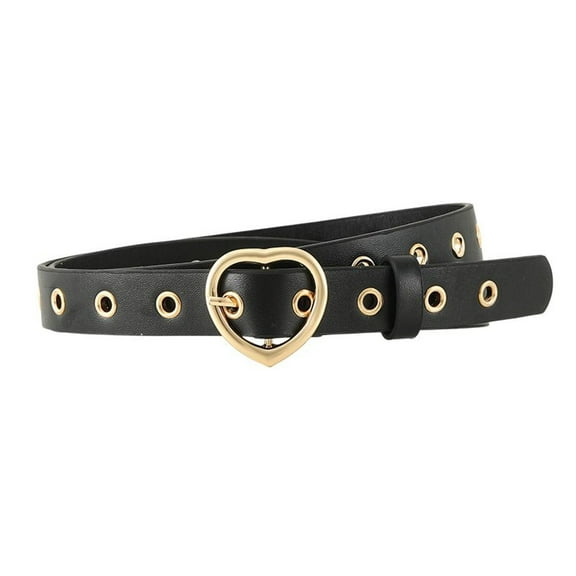 SWSMCLT Women's Faux Leather Grommet Belt Fashion Cute Medium Buckle Streetwear Groove Metal Adjustable Belts Black Golden X-Small-Large
