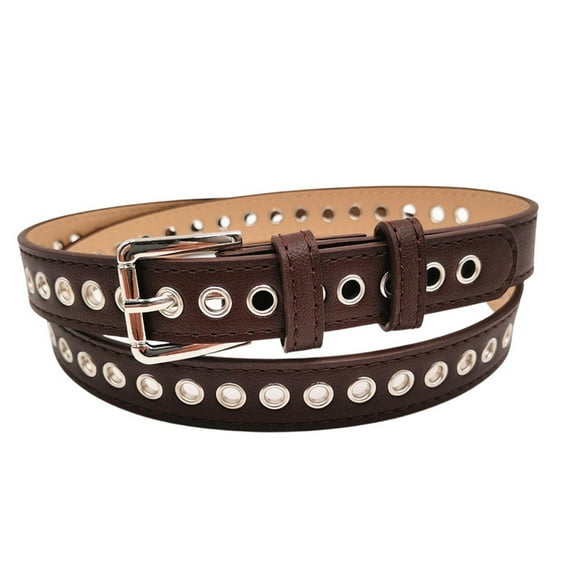SWSMCLT Women's Faux Leather Grommet Belts Classic Casual Buckle Groove Belt Fashion Belt Metal Summer Coffee X-Small-Large