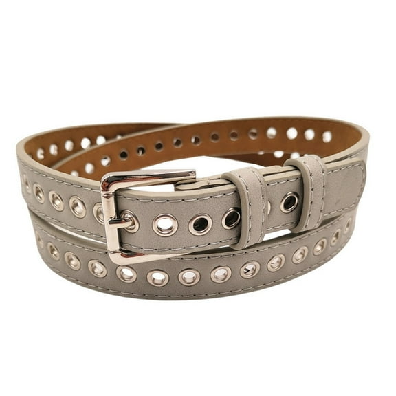 SWSMCLT Women's Faux Leather Grommet Belts Classic Casual Buckle Groove Belt Fashion Belt Metal Summer Grey X-Small-Large
