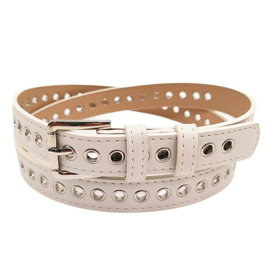 SWSMCLT Women's Faux Leather Grommet Belts Classic Casual Buckle Groove Belt Fashion Belt Metal Summer White X-Small-Large