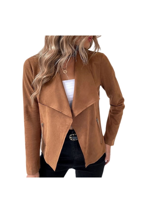 Women's Faux Leather Jacket Fitted Outerwear Spring Casual Soft Fashion Fall Open Front Long Sleeve Stretch Brown Medium