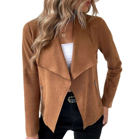 SWSMCLT Women's Faux Leather Jacket Fitted Outerwear Spring Casual Soft Fashion Fall Open Front Long Sleeve Stretch Brown Small