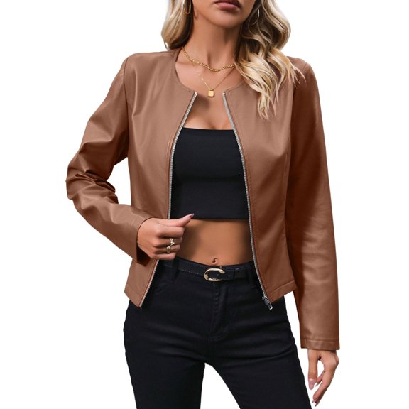SWSMCLT Women's Faux Leather Jacket Short Biker Coat Winter Moto Zipper Motorcycle Long Sleeve Warm Casual Soft Full Zip 2025 Brown Small