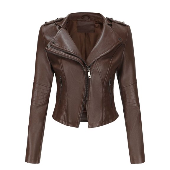 SWSMCLT Women's Faux Leather Jacket Snow Spring PU Motorcycle Full Zip Windbreaker Fall Jackets Long Sleeve Jacket Coffee Small