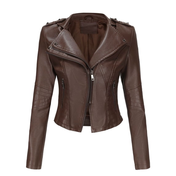 SWSMCLT Women's Faux Leather Jacket Snow Spring PU Motorcycle Full Zip Windbreaker Fall Jackets Long Sleeve Jacket Coffee X-Large