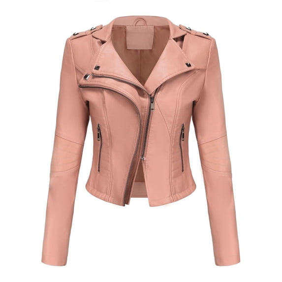SWSMCLT Women's Faux Leather Jacket Snow Spring PU Motorcycle Full Zip Windbreaker Fall Jackets Long Sleeve Jacket Pink Medium
