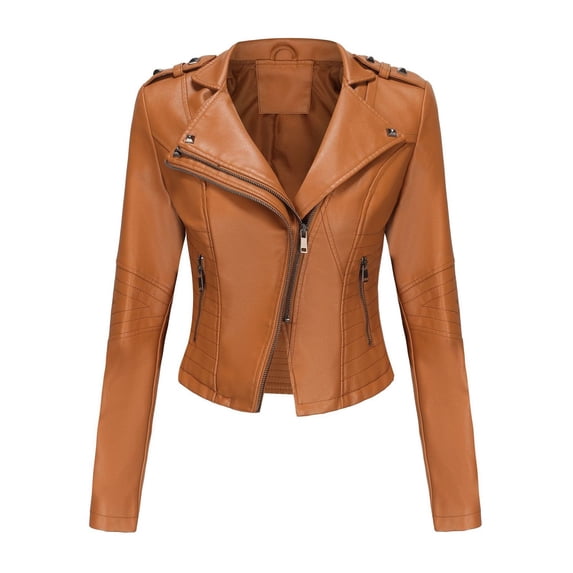 SWSMCLT Women's Faux Leather Jacket Snow Spring PU Motorcycle Full Zip Windbreaker Fall Jackets Long Sleeve Jacket Umber 3X-Large