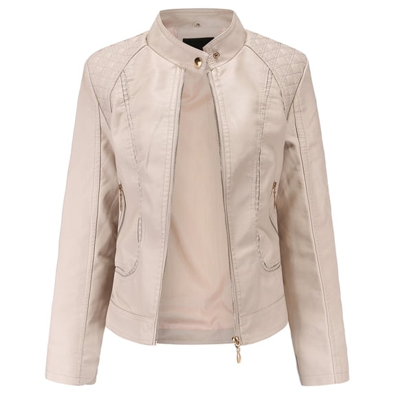 SWSMCLT Women's Faux Leather Jackets Spring Outerwear Long Sleeve Snaps Zipper Slim Fit Jacket Beige 4-6