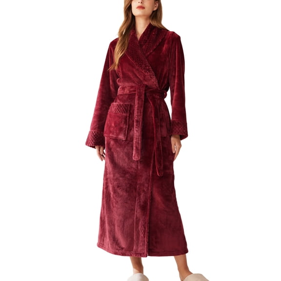 SWSMCLT Women's Fleece Bathrobe Pjs Long Thick Comfy Warm Sleeping Pajamas Long Sleeve Lounge Fall Medium Burgundy XX-Large-3X-Large