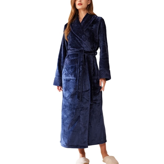 SWSMCLT Women's Fleece Bathrobe Pjs Long Thick Comfy Warm Sleeping Pajamas Long Sleeve Lounge Fall Medium Navy Large-X-Large