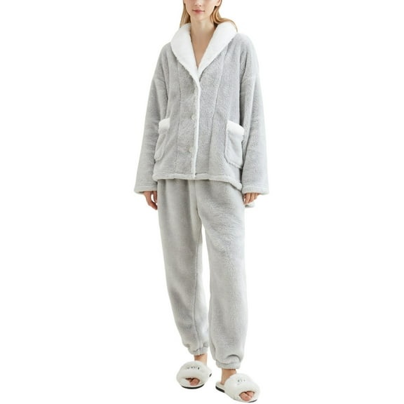 SWSMCLT Women's Fleece Pajama Set Button Cinch Bottom Cold Weather Loose Nightwear Loungewear Set Chunky Elastic Grey Small