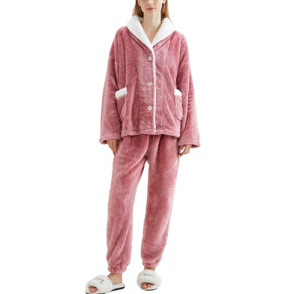 SWSMCLT Women's Fleece Pajama Set Button Cinch Bottom Cold Weather Loose Nightwear Loungewear Set Chunky Elastic Orange X-Small