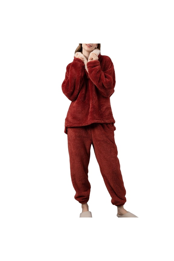 Women's Fleece Pajama Set Ladies Cute Long Sleeve Shirt Pants Set 2 Piece Fluffy Pjs Winter Fall Warm Thermal Loose Baggy Oversized Plush Lounge Set Loungewear Red X-Large