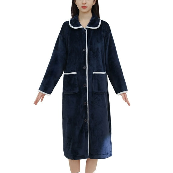 SWSMCLT Women's Fleece Robe Long Pajamas Thick Button Bathrobe Warm Long Sleeve Comfy Soft Trendy Fall House Navy Medium