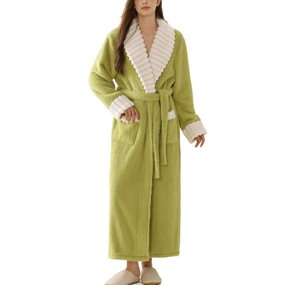 SWSMCLT Women's Fleece Robe Long Pjs Warm Oversized Sleeping Soft Wrap Fashion Pajamas Long Sleeve Lounge Comfy Green X-Large-XX-Large