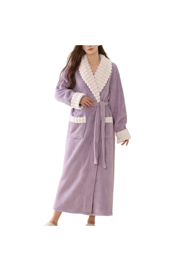 Women's Fleece Robe Long Pjs Warm Oversized Sleeping Soft Wrap Fashion Pajamas Long Sleeve Lounge Comfy Purple Medium-Large