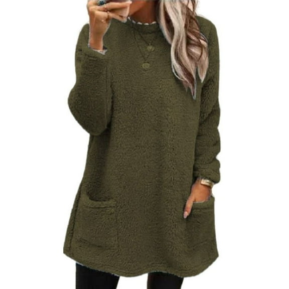 SWSMCLT Women's Fleece Sweatshirt Soft Fuzzy Cotton Pajamas Winter Spring Casual Basic Long Sleeve Top Cute Cozy Thick Army Green Large