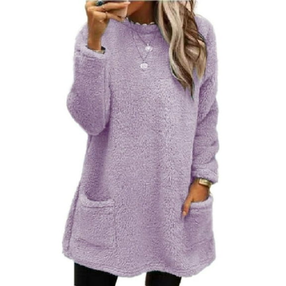 SWSMCLT Women's Fleece Sweatshirt Soft Fuzzy Cotton Pajamas Winter Spring Casual Basic Long Sleeve Top Cute Cozy Thick Light Purple X-Large