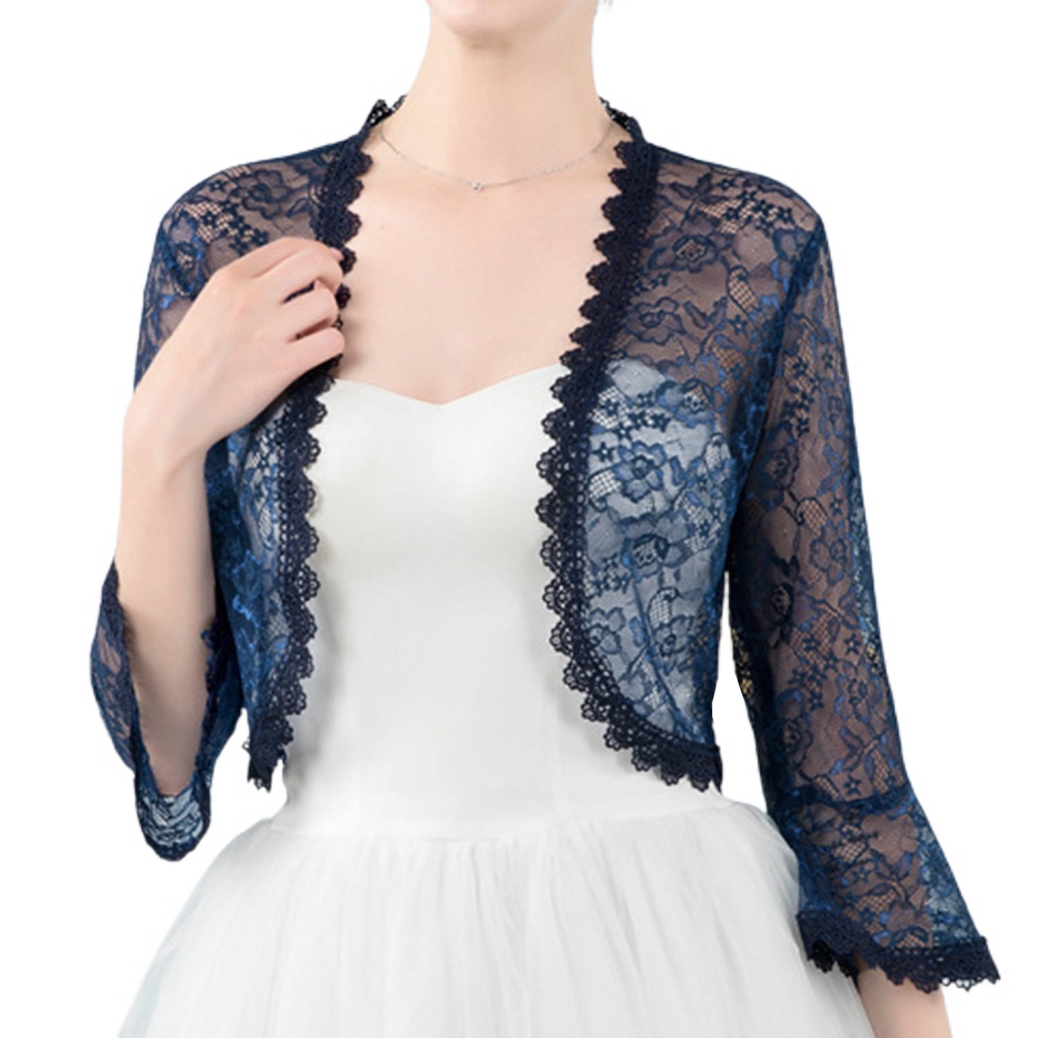 SWSMCLT Women s Formal Cover Up Crop Bolero Jackets Shrug Sweater Soft Lightweight Party Short Sheer Lace Sleeve Open Front Cardigan Shrug and Wraps Top Elegant Evening Dresses Navy One Size Walmart.c...