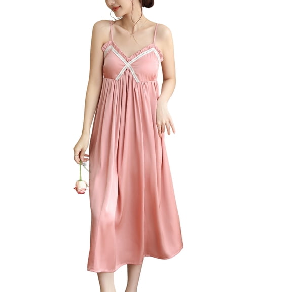 SWSMCLT Women's Frilly Nightgown Vintage Night Gown V Neck Cute SoftHome Thin Cami Long Cool Comfy Sleepwear Pink Small-Medium