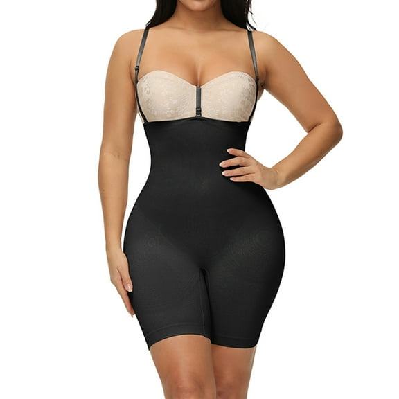 SWSMCLT Women's Full Body Shaper Tummy Control High Waist Faja Shapewear Bodysuit Butt Lifter Shapewear Bodysuit Backless Boyshorts Seamless Open Bust Hip Enhancer Mid Thigh Slimmer Black Large