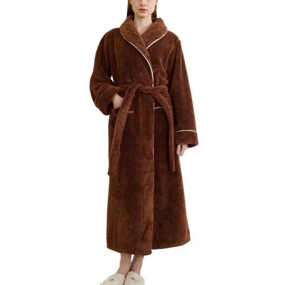SWSMCLT Women's Fuzzy Bath Robe Fleece Plush Long Bathrobes Thick Winter Warm Baggy Long Bathrobe Belt Comfy Cold Weather Brown Medium-Large