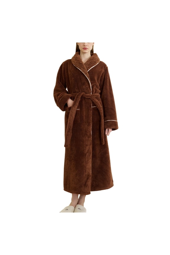 Women's Fuzzy Bath Robe Fleece Plush Long Bathrobes Thick Winter Warm Baggy Long Bathrobe Belt Comfy Cold Weather Brown X-Large-XX-Large