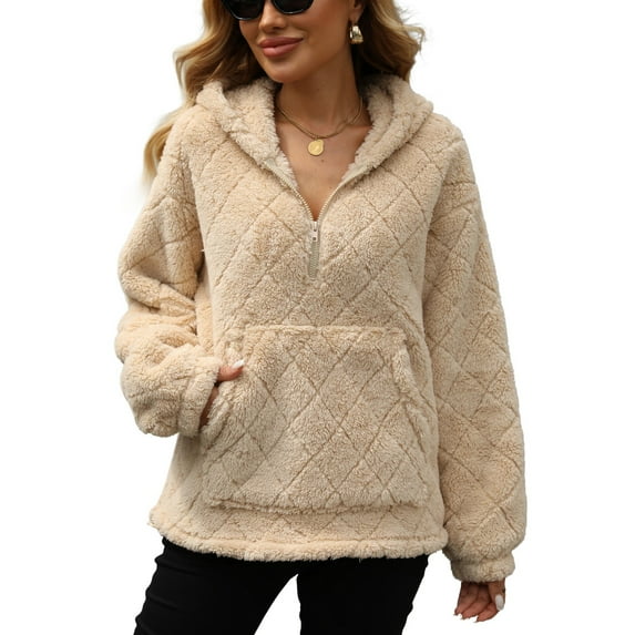 SWSMCLT Women's Fuzzy Hoodie Hooded Fleece Sweatshirt Plush Winter Warm Long Sleeve Cute Hood Pullover Pj Pajama Tops Cold Weather Apricot X-Large