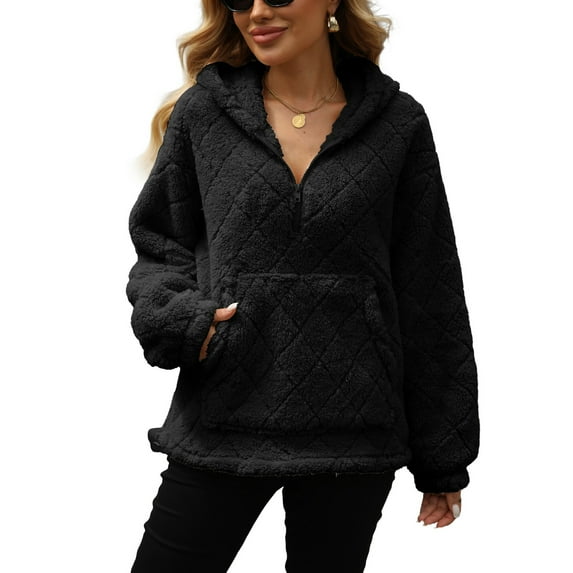 SWSMCLT Women's Fuzzy Hoodie Hooded Fleece Sweatshirt Plush Winter Warm Long Sleeve Cute Hood Pullover Pj Pajama Tops Cold Weather Black Small