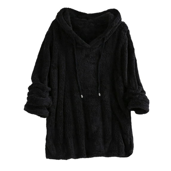 SWSMCLT Women's Fuzzy Hoodie Long Sleeve Sherpa Fleece Hooded Casual Cotton Sweatshirt Side Split Pajama Top Loose Warm Pullover Black X-Large