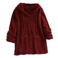 thumbnail image 1 of SWSMCLT Women's Fuzzy Hoodie Long Sleeve Sherpa Fleece Hooded Casual Cotton Sweatshirt Side Split Pajama Top Loose Warm Pullover Burgundy Large, 1 of 1