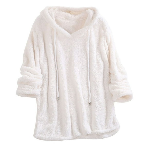 SWSMCLT Women's Fuzzy Hoodie Sweatshirt Sherpa Fleece Pullover Plush Cute Hood Thick Winter Soft Long Sleeve Pajamas Top Warm Spring White Medium