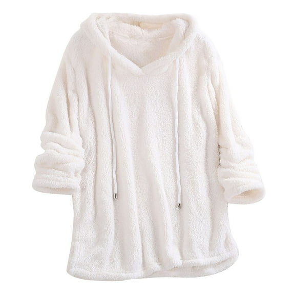 SWSMCLT Women's Fuzzy Hoodie Long Sleeve Sherpa Fleece Hooded Casual Cotton Sweatshirt Side Split Pajama Top Loose Warm Pullover White X-Large